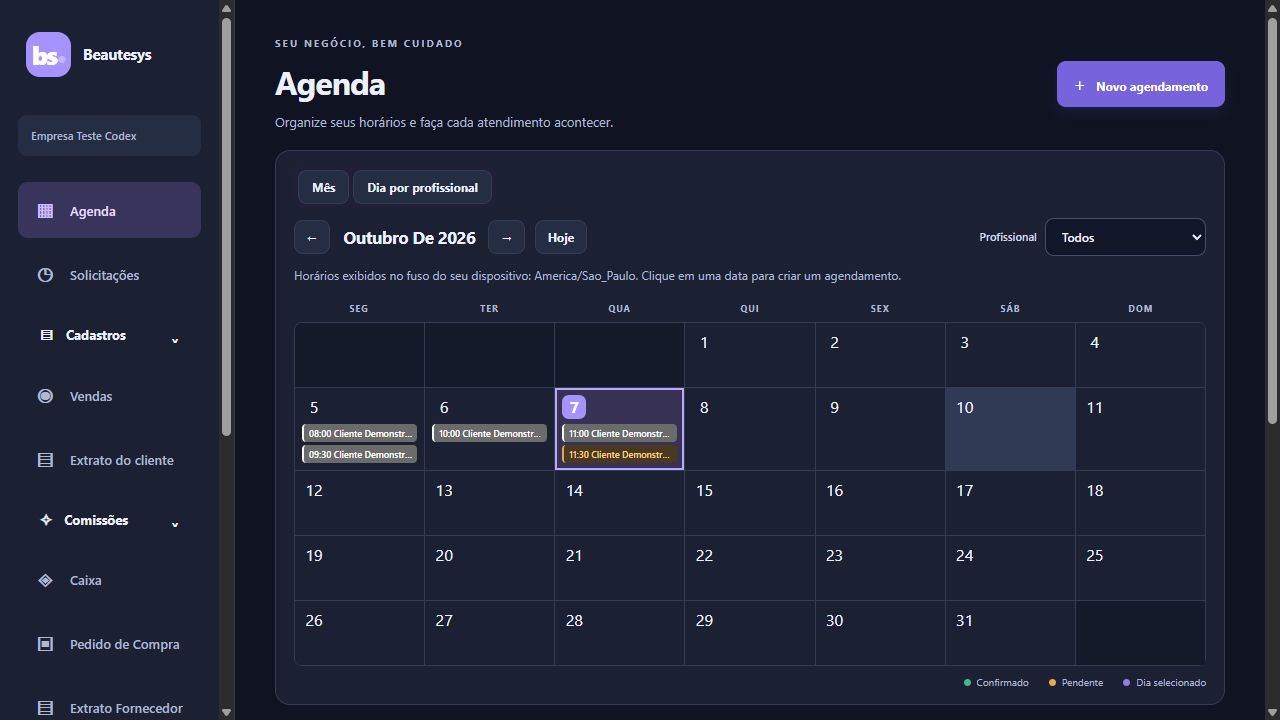 Tela real da agenda mensal do Beautesys, com calendário, atendimentos e menu de gestão